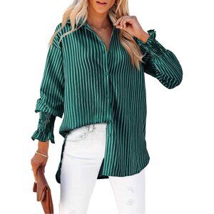 Womens Striped Button Long Sleeve Green Striped Oversized Collared Work Shirt